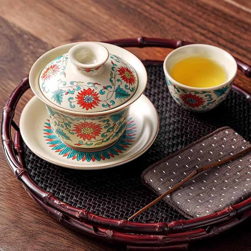 A Panorama of Rivers and Mountains Flowers Ceramic Gaiwan Sancai Teacup Kung Fu Tea Cup And Saucer With Lid