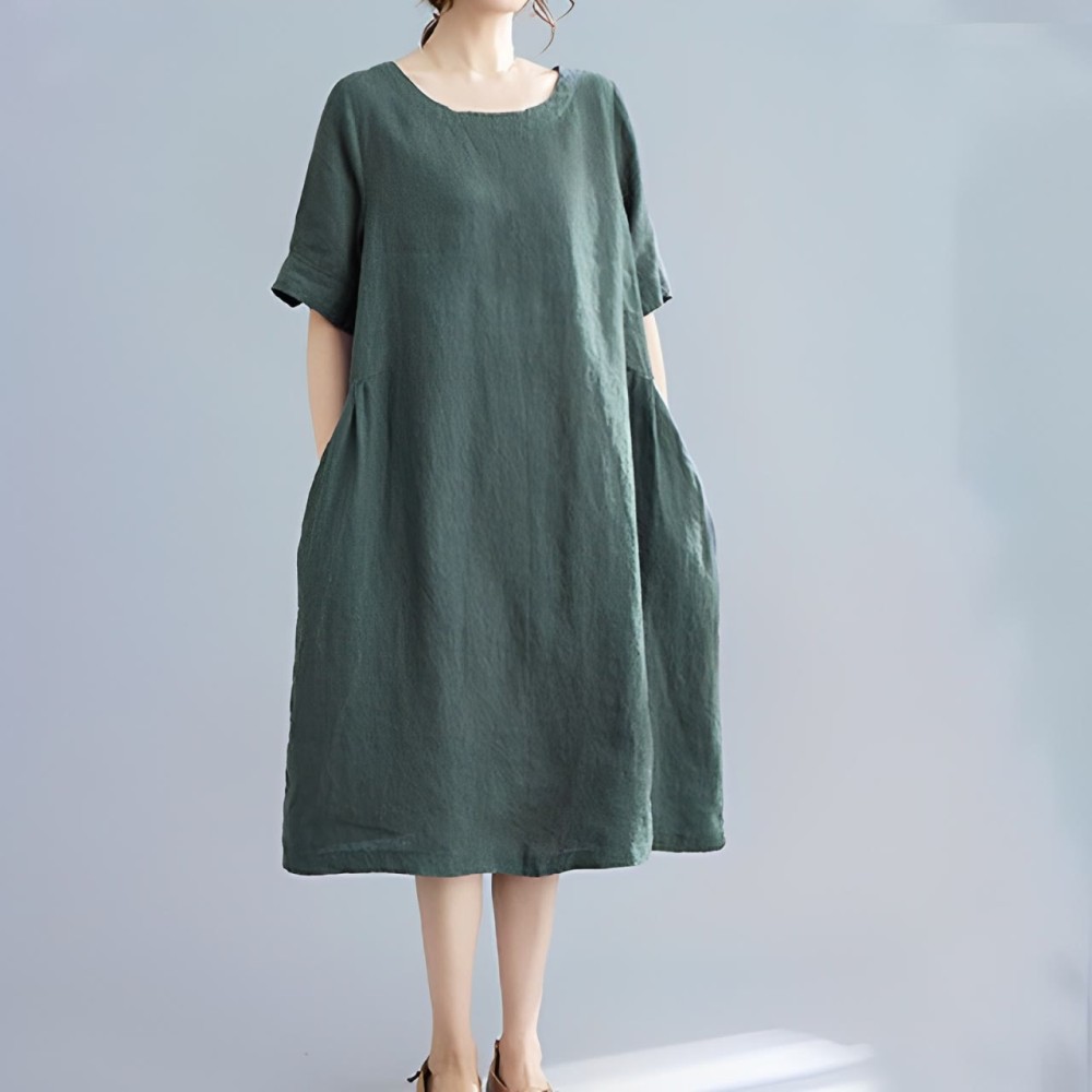 Casual Loose Solid Color Cotton Linen Crew Neck Half Sleeve Design Midi Dress With Pockets