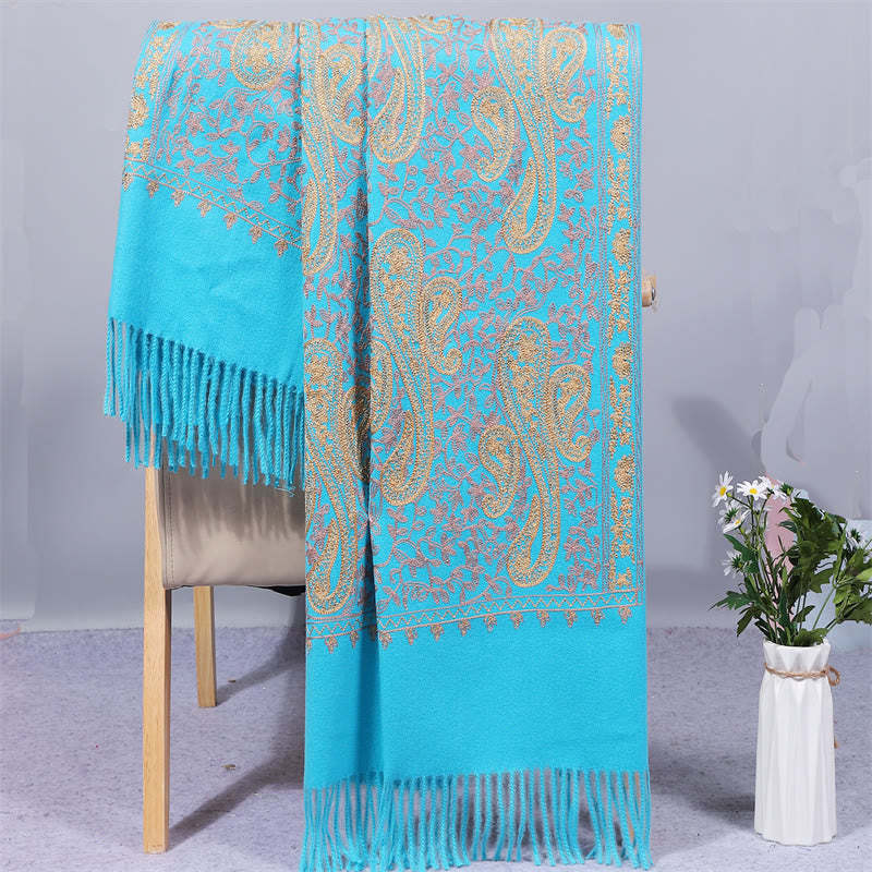 Rayon Fabric Shawl Golden Cashew Flowers Embroidery Tassel Winter Cozy Travel Scarf Wrap