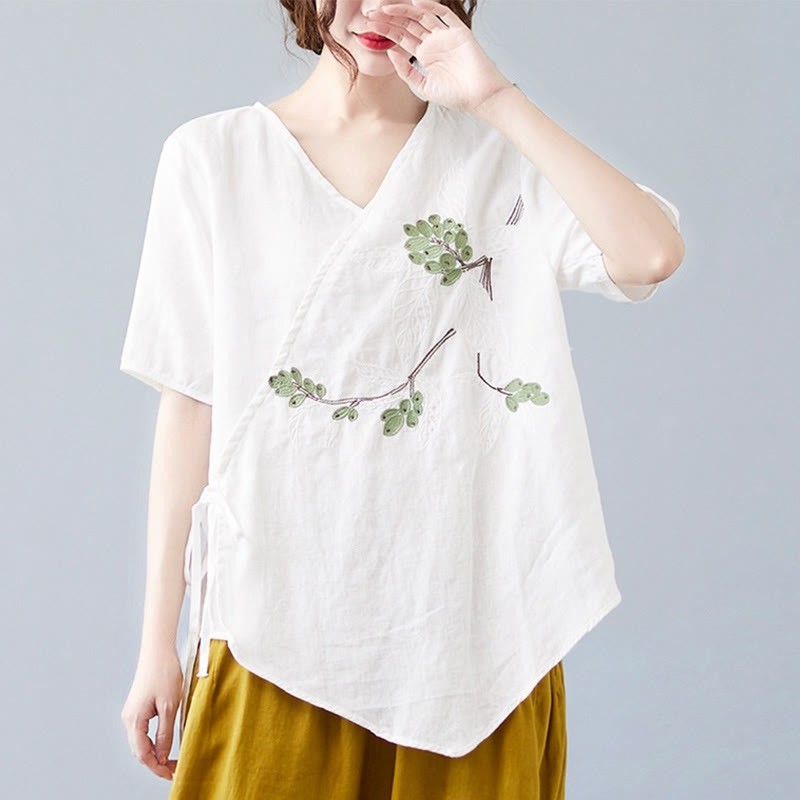 Summer Casual Ethnic Embroidery Flower Lace-up Short Sleeve V-neck Cotton Linen Women's T-Shirt