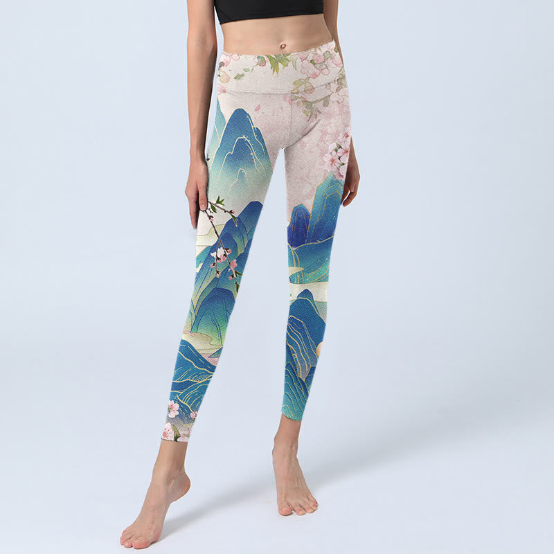 Plum Blossoms Mountains Print Gym Leggings Women's Yoga Pants