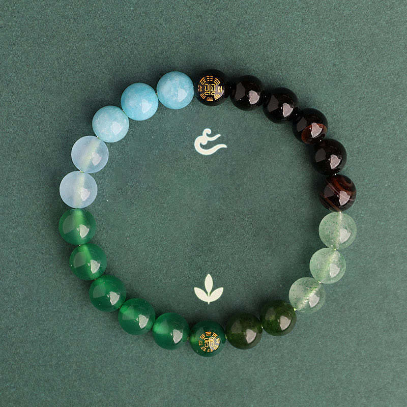 Five Elements Various Agate Crystal Black Onyx Green Chalcedony Aquamarine Wisdom Bracelet
