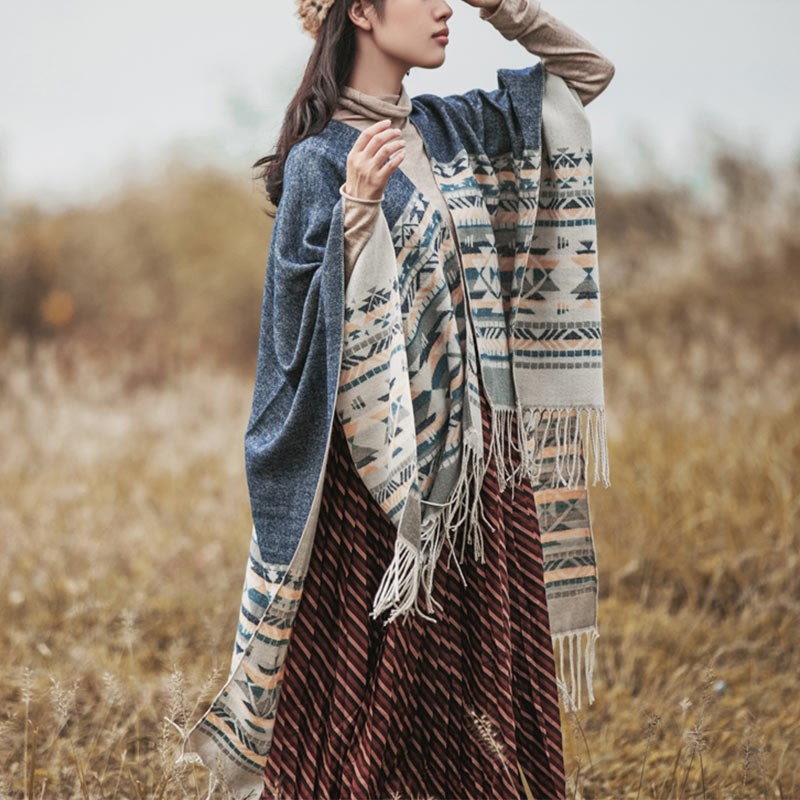 Tibetan Geometric Rhombus Pattern Tassels Shawl Fall Winter Warm Cozy Scarf Wrap