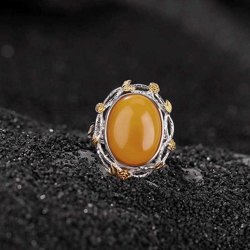 990 Sterling Silver Plated Gold Amber Focus Adjustable Ring