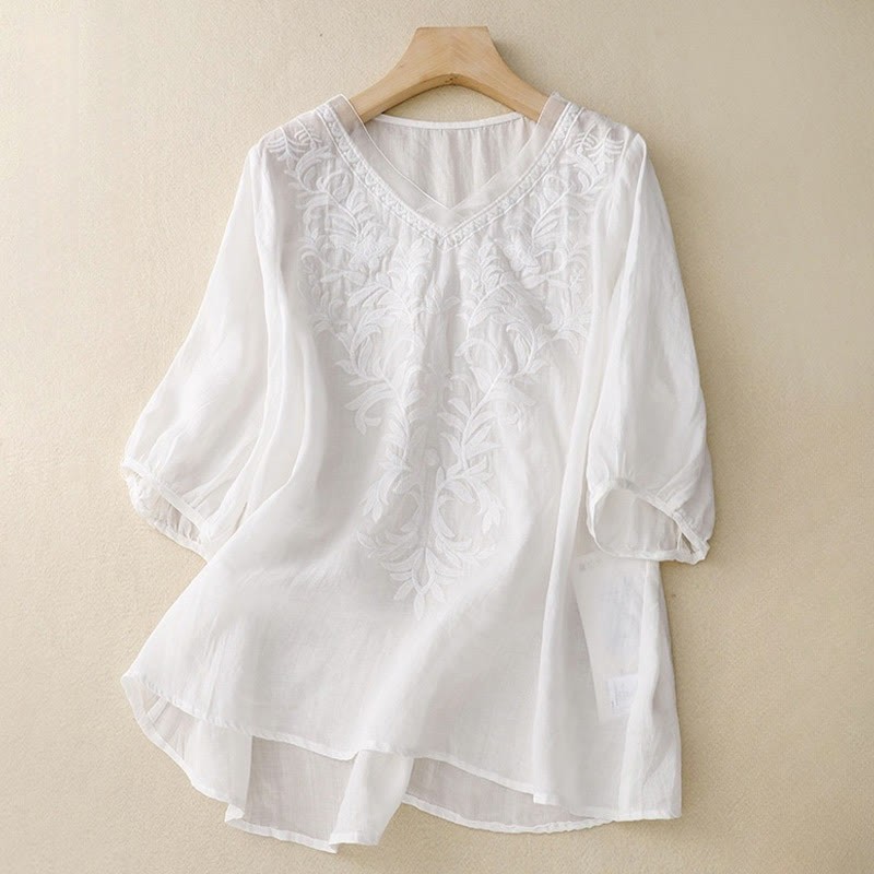 Vintage Casual Pure Leaf Embroidery V-Neck Half Sleeve Cotton Linen Women's T-Shirt