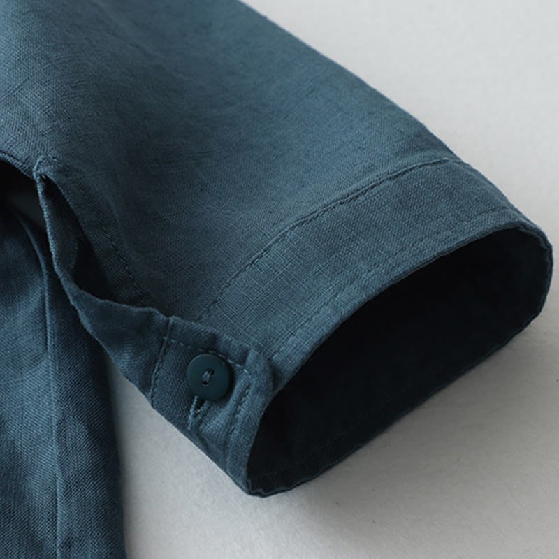 Solid Color Button Three Quarter Sleeve Cotton Linen Shirt