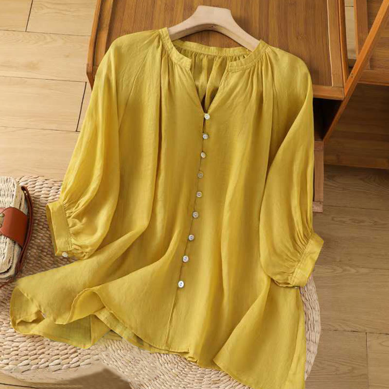 Casual Plain Women's Single Row Multi-Button V-Neck Design Three Quarter Sleeve Cotton Linen Shirt
