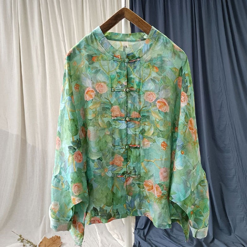 Pink Flowers Green Leaves Print Frog-button Design Long Sleeve Ramie Linen Jacket Shirt