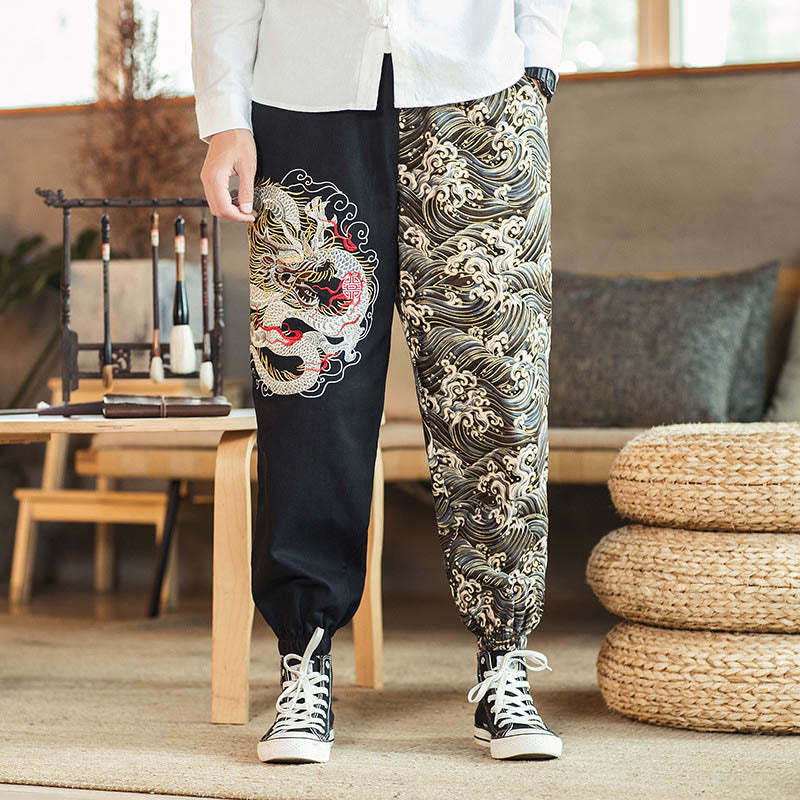 Dragon Pattern Two-tone Men's Pants With Pockets