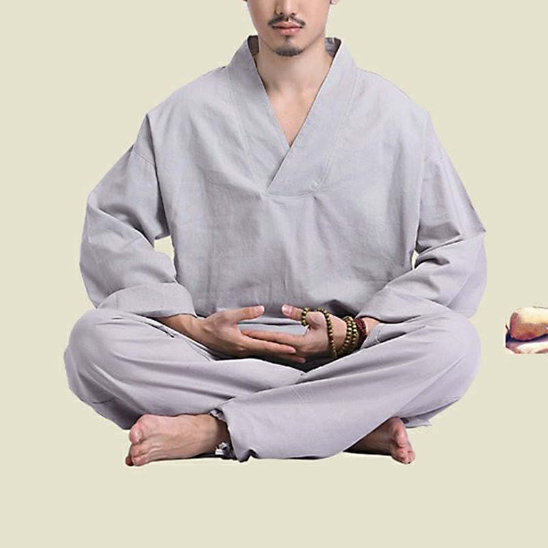 Meditation Prayer V-neck Design Cotton Linen Spiritual Zen Practice Yoga Clothing Men's Set