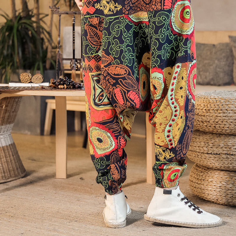 Red Gold Casual Leaves Print Cotton Men's Harem Pants With Pockets