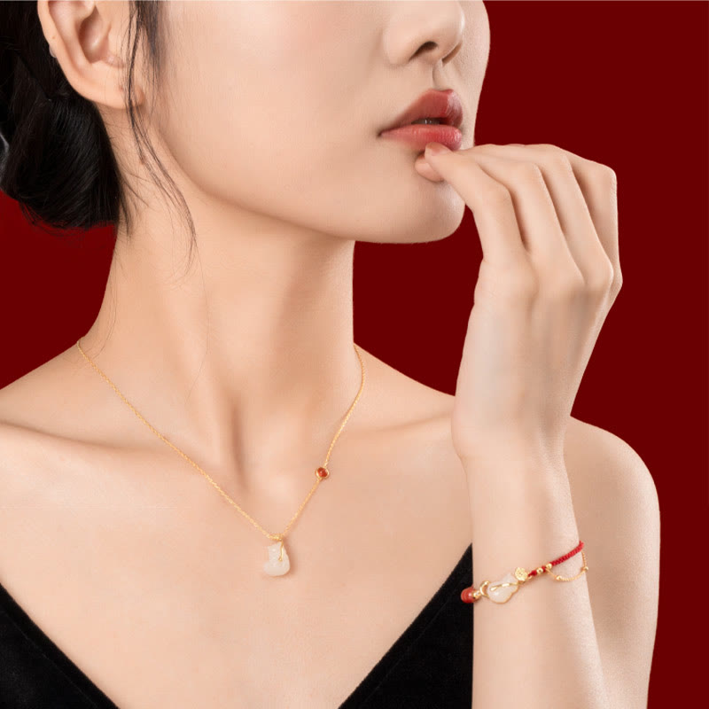 925 Sterling Silver Plated 18K Gold Hetian Jade Ruyi Cat Cinnabar Luck Bracelet Necklace Pendant Set