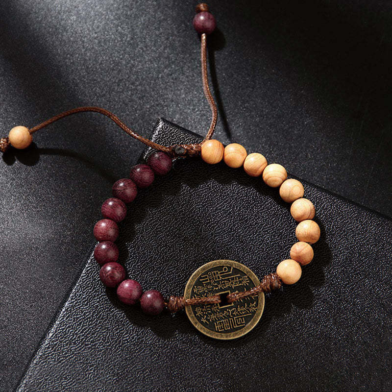 Ebony Wood Wenge Wood Mountain Ghosts Spend Money Bagua Copper Coin Peace Bracelet