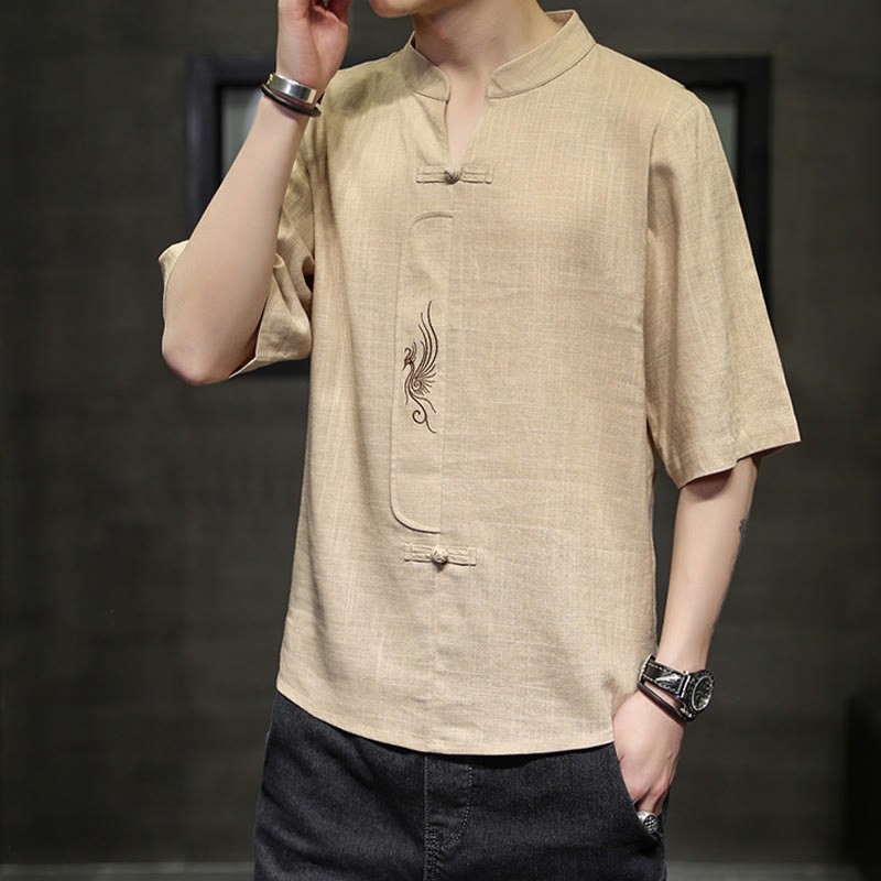 Frog-Button Phoenix Embroidery Chinese Tang Suit Short Sleeve Shirt Cotton Linen Men Clothing