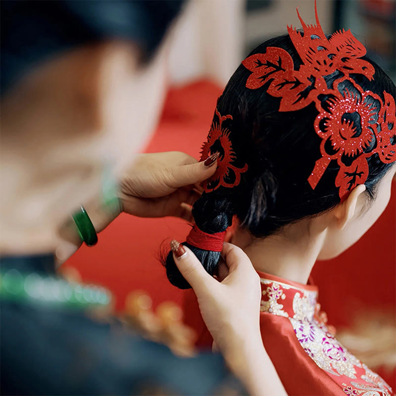 Classical Chinese Wedding Red Magpie Flower Paper Cutting Flocking Cloth Hair Clip