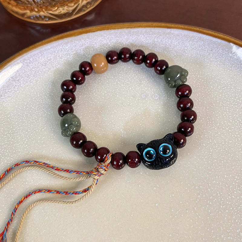 Ebony Wood Lovely Cat Jade Paw Peace Tassel Wood Bracelet
