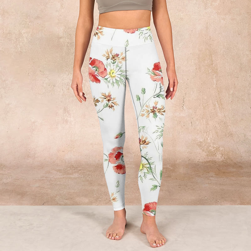 White Daisy Red Flower Print Sports Leggings Women's Yoga Pants