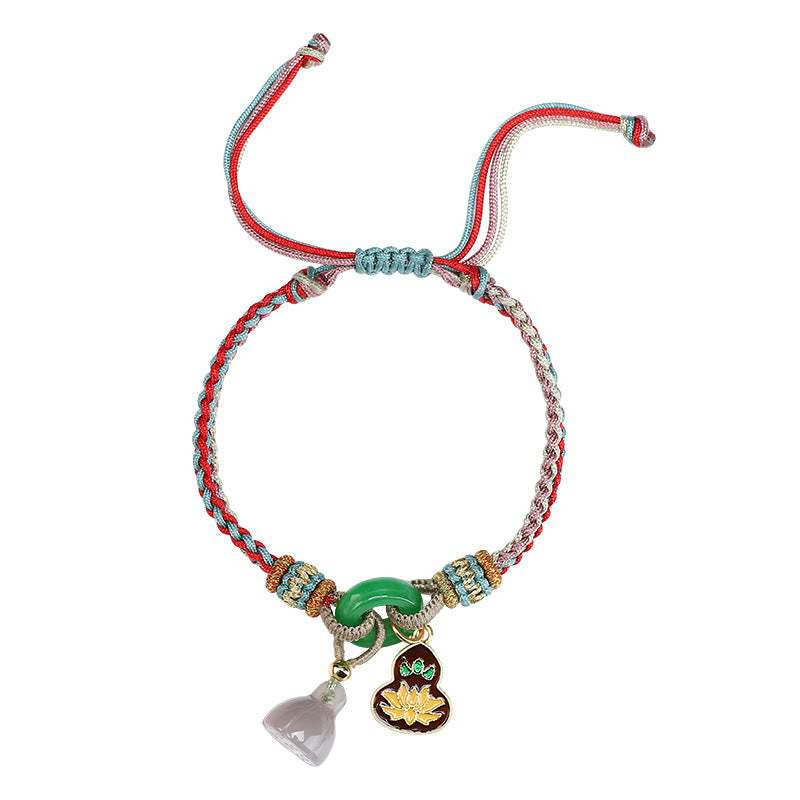 Colorful Rope Chalcedony Lotus Jade Peace Buckle Harmony Gourd Charm Bracelet