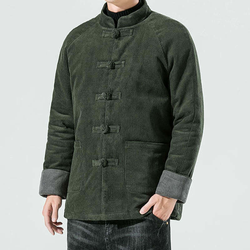 Frog-Button Chinese Tang Suit Stand Collar Long Shirt Corduroy Men Cotton Jacket Clothing