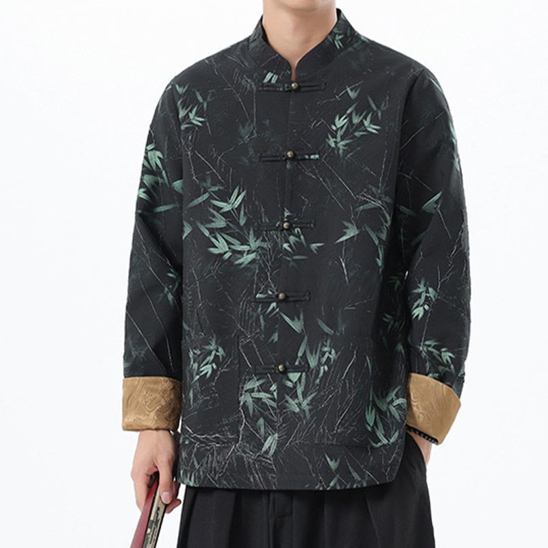 Printing Bamboo Casual Frog-button Spandex Men's Jacket Shirt Clothing