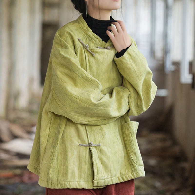 Solid Color Frog-button Thermal Long Sleeve Ramie Linen Women's Shirt