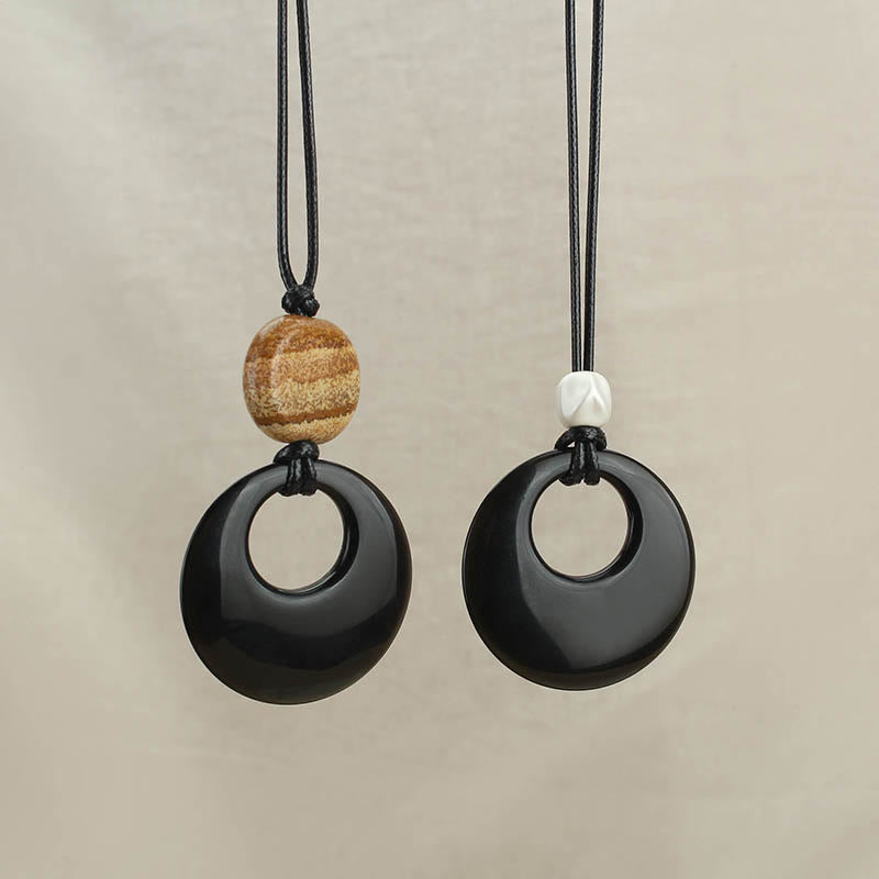 Black Obsidian Liuli Picture Stone Copper Fulfilment Necklace Pendant