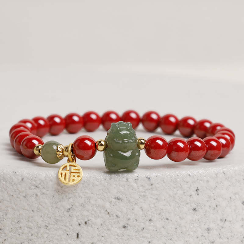 925 Sterling Silver Year of the Dragon Natural Cinnabar Hetian Jade Dragon Fu Character Ruyi As One Wishes Charm Blessing Bracelet (Extra 30% Off | USE CODE: FS30)