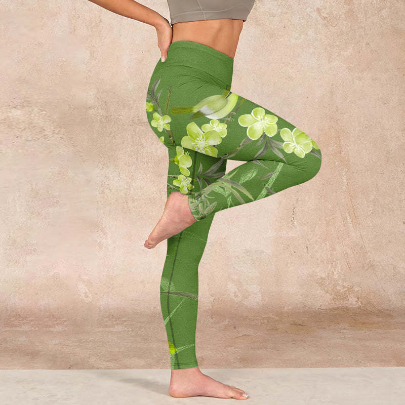 Magpie Flowers Branches Print Gym Leggings Women's Yoga Pants