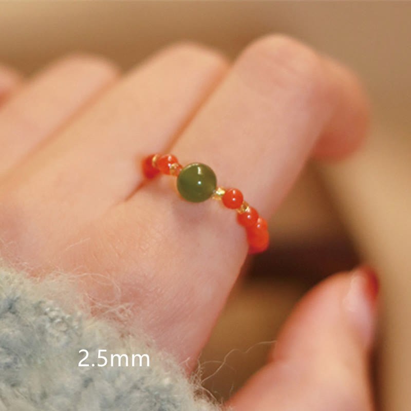 925 Sterling Silver Natural Small Hetian Jade Red Agate Pearl Bead Prosperity Elastic Ring