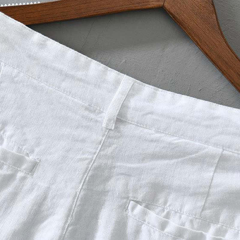 Solid Color Drawstring Cropped Linen Men's Shorts With Pockets