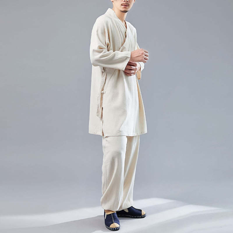 2Pcs V-Neck Men's Long Sleeve Shirt Top Pants Meditation Zen Tai Chi Cotton Linen Clothing Set