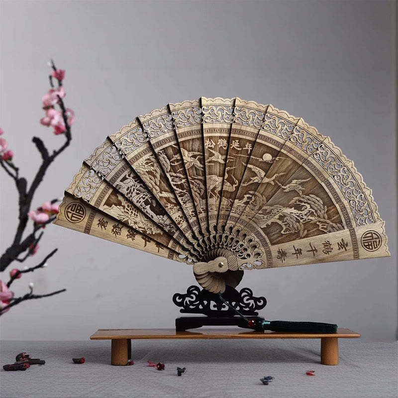 Koi Fish Peony Bird Flower Engraved Hollow Handheld Phoebe Zhennan Wood Folding Fan 22cm