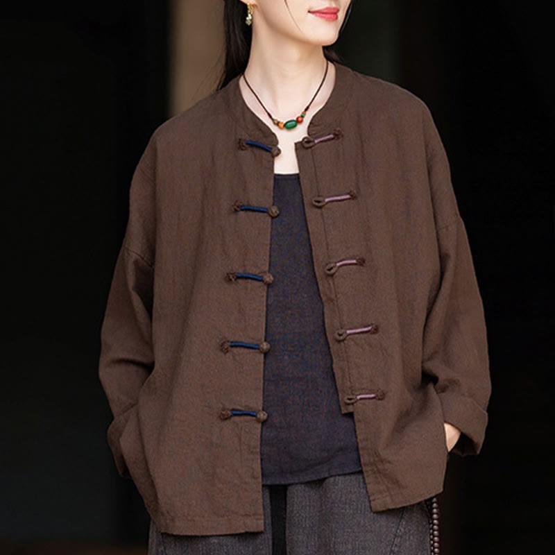 Solid Color Two-color Frog-button Long Sleeve Ramie Linen Women's Shirt