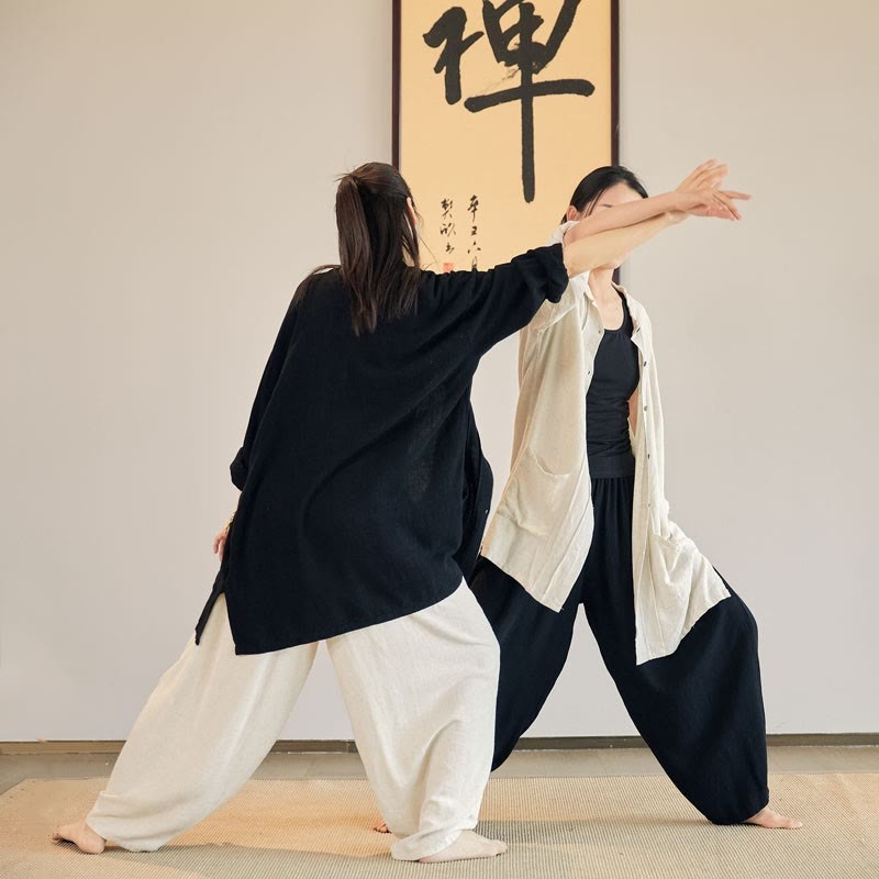 Plain Long Sleeve Coat Jacket Top Wide Leg Pants Zen Tai Chi Yoga Meditation Clothing
