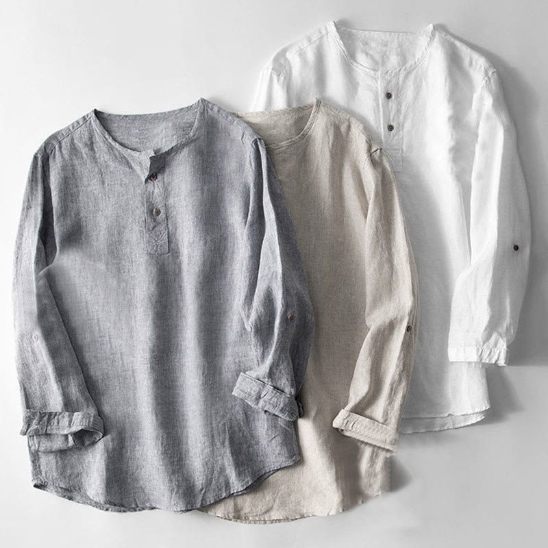 Solid Color Long Sleeve Button Shirt Linen Men Clothing