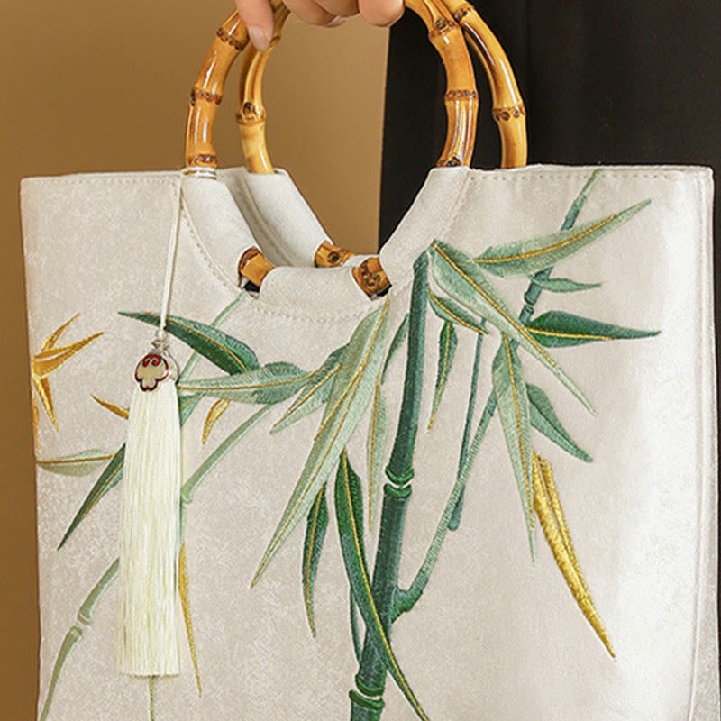 Embroidery Bamboo Handle Tassel Handbags