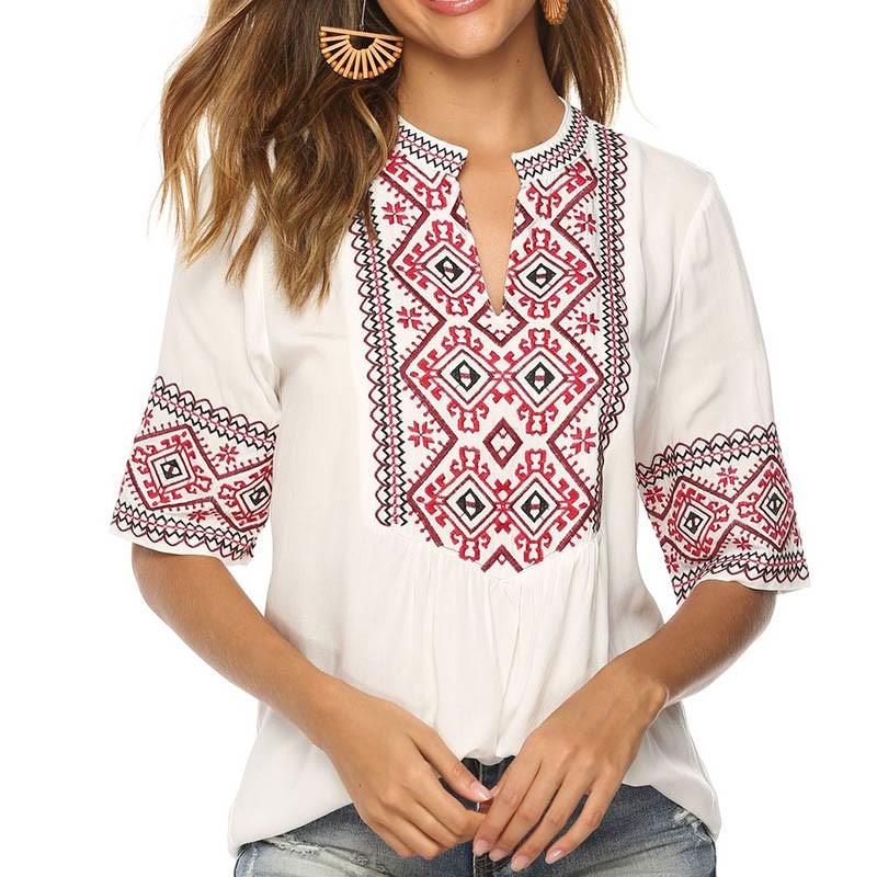 Summer Boho Embroidery Floral Pattern Half Sleeve V-neck Cotton Women's T-Shirt