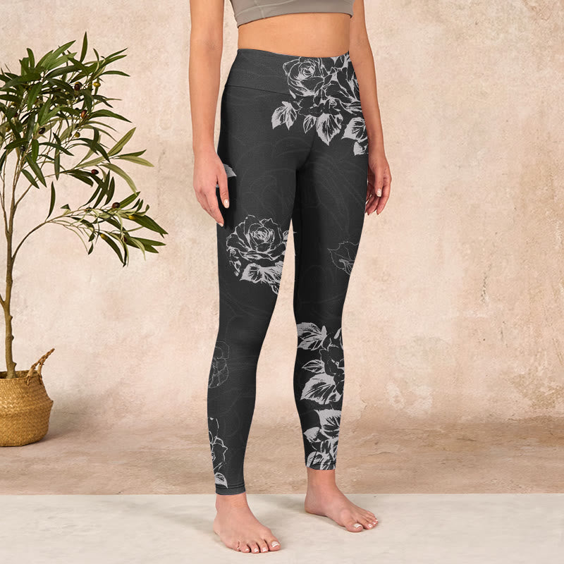 Gray Peony Rose Flower Sketch Print Gym Fitness Leggings Women's Yoga Pants