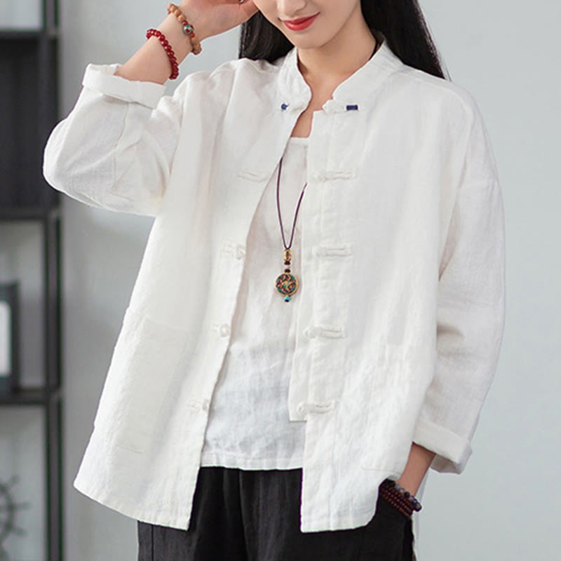 Solid Color Frog-button Long Sleeve Linen Women's Shirts With Pockets