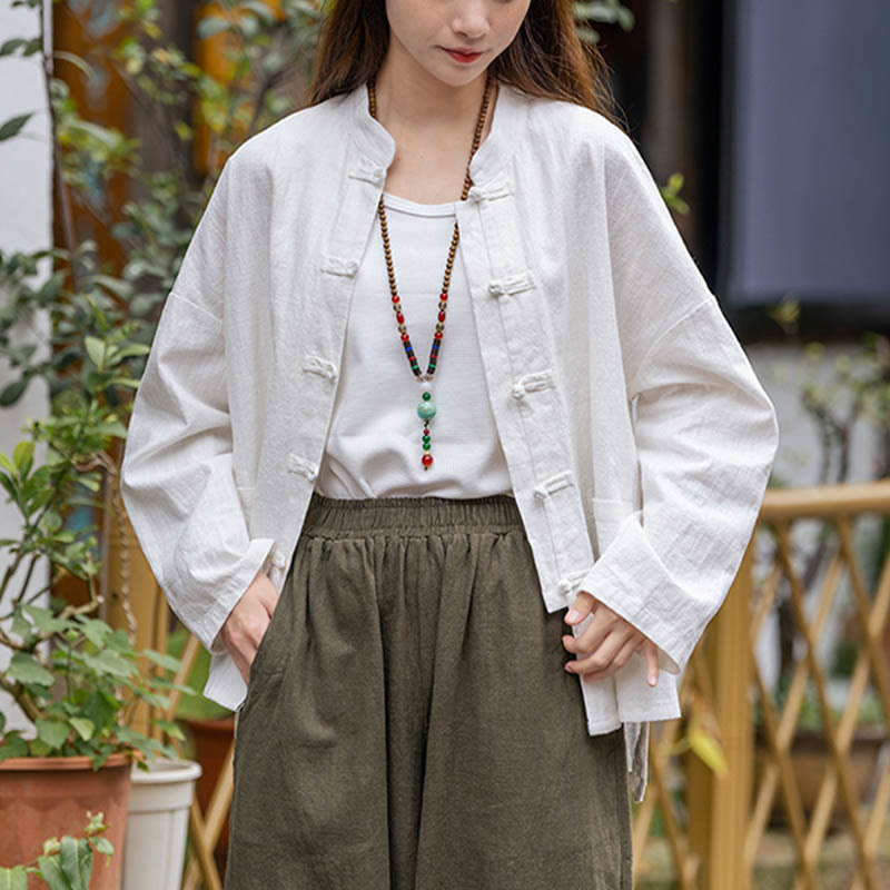 Frog-Button Design Shirt Tai Chi Meditation Top Clothing Ramie Linen Jacket