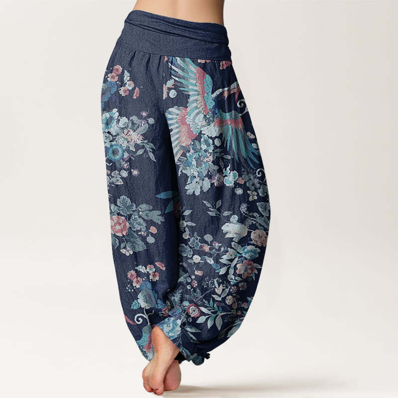 Colorful Flowers Birds Leaves Pattern Women's Elastic Waist Harem Pants