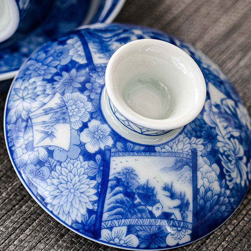 Jingdezhen Dragon Phoenix Pavilion Pine Flower Ceramic Gaiwan Sancai Teacup Kung Fu Tea Cup And Saucer With Lid 170ml