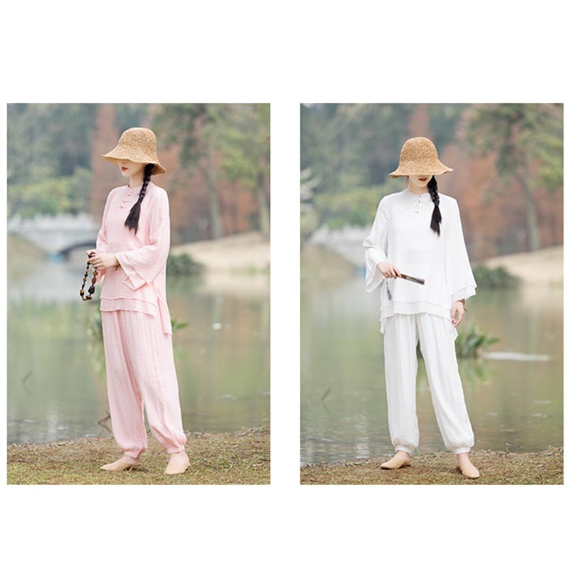 2Pcs Plain Design Top Pants Meditation Yoga Zen Tai Chi Cotton Linen Clothing Women's Set