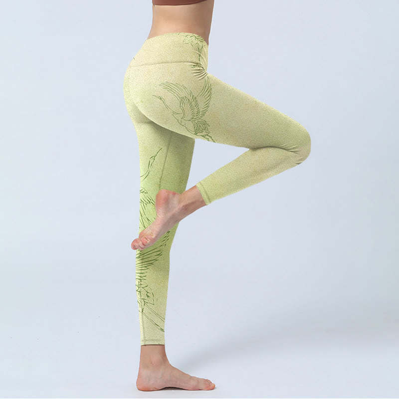 Light Yellow Crane Print Sports Leggings Women's Yoga Pants