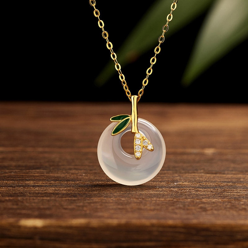 925 Sterling Silver Natural Chalcedony Bamboo Leaf Peace Buckle Positive Necklace Pendant (Extra 30% Off | USE CODE: FS30)