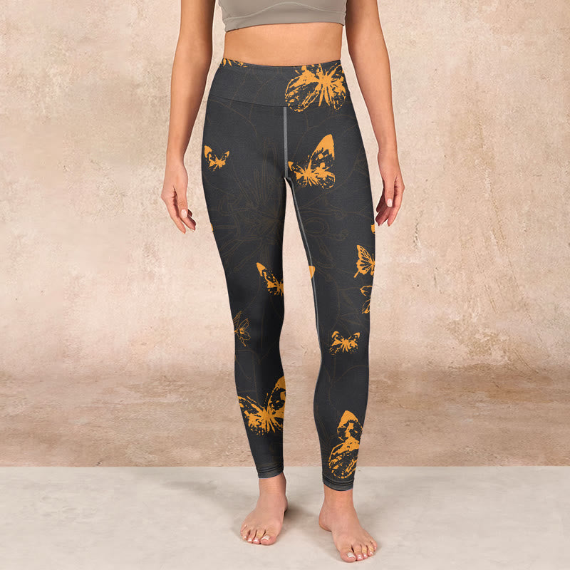 Dark Grey Butterflies Peony Flowers Print Gym Leggings Women's Yoga Pants