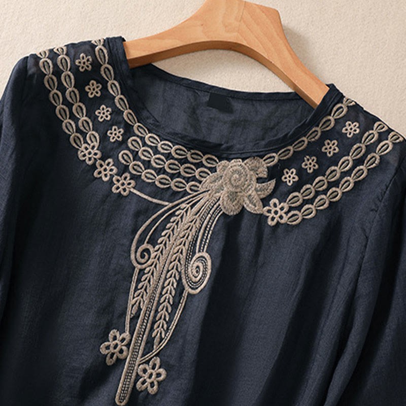 Artistic Plain Floral Embroidered Design Crew Neck Puff Half Sleeve Cotton Linen Women's T-Shirt