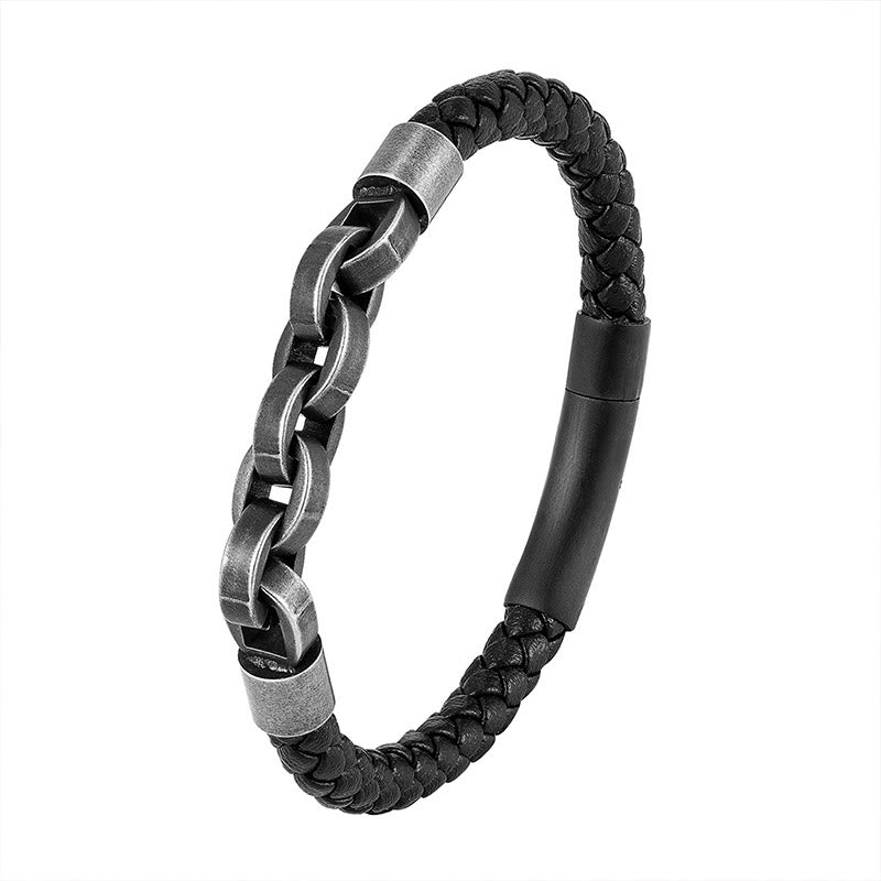 Chain Design Titanium Steel Balance Leather Braided Buckle Bracelet