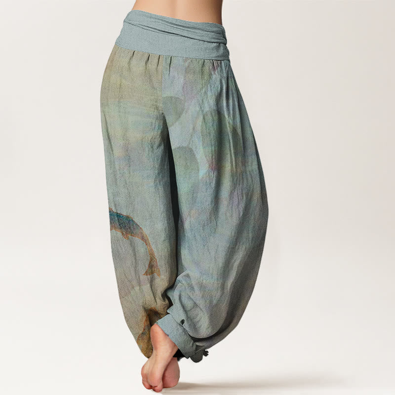 Koi Fish Leaves Pattern Women's Elastic Waist Harem Pants