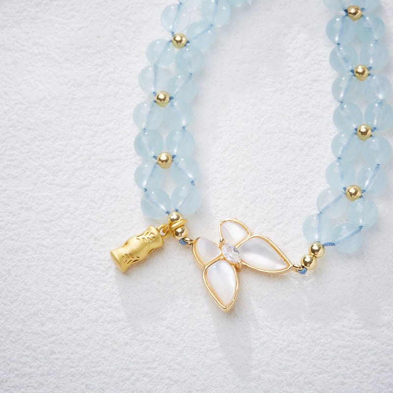 Natural Aquamarine Amethyst Moonstone Butterfly Bamboo Healing Bracelet